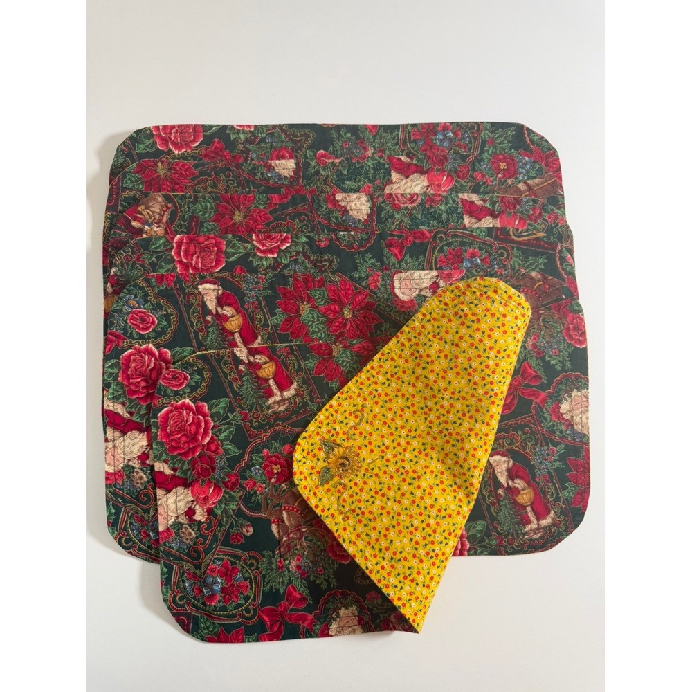 VTG Handmade Christmas Santa Reversible Fabric Placemats Set 6 Cotton Floral